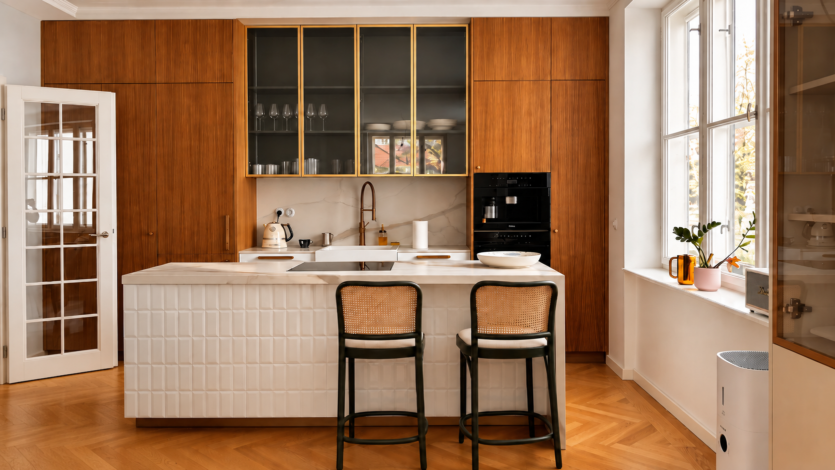 Kuchyně s ořechovými skříněmi, bílým ostrůvkem a barovými židlemi, projekt Byt 74 m² · Pařížský interiérový design